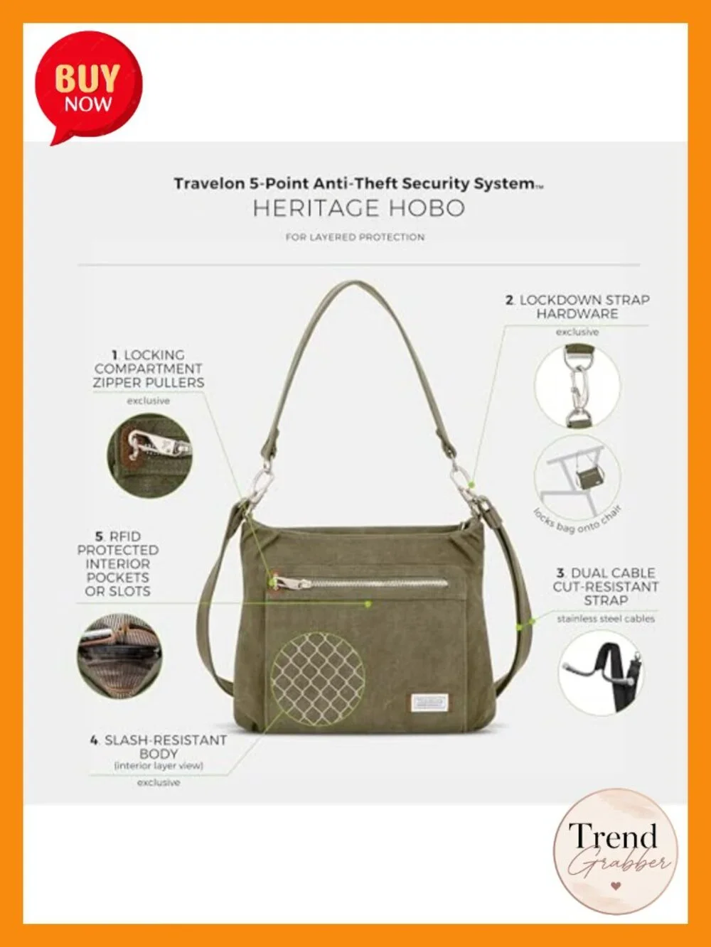 Anti-Theft Hobo Bag with RFID Protection, Cotton Canvas & Suede